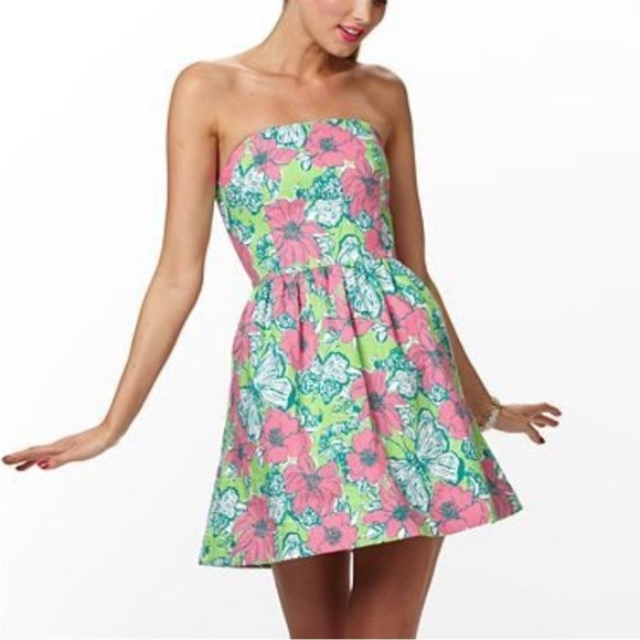 ▶️ Lilly Pulitzer ◀️ Pink Green Strapless Butterfly Lottie Dress Size 10 - Picture 4 of 14